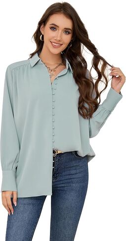 Women Button Down Shirt Long Sleeve Casual Collared Blouses Work Office Chiffon Tops for Ladies in Saudi Arabia