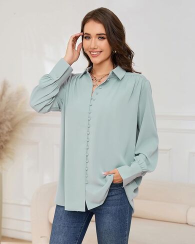 Women Button Down Shirt Long Sleeve Casual Collared Blouses Work Office Chiffon Tops for Ladies in Saudi Arabia