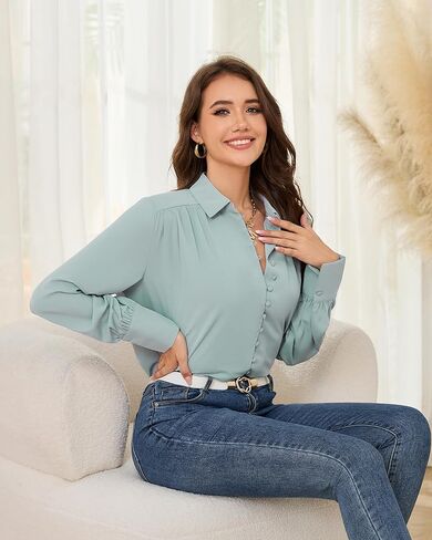 Women Button Down Shirt Long Sleeve Casual Collared Blouses Work Office Chiffon Tops for Ladies in Saudi Arabia