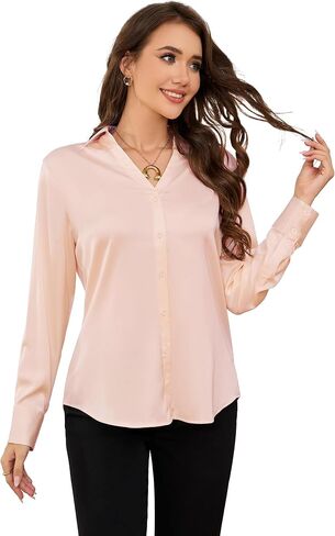 Women's Silk Satin Button-Down,Long Sleeve Shirt,Point Collar V-Neck,Casual Formal Work Office Top,Fall Blouse,S-XL in Saudi Arabia