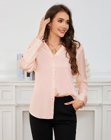 Women's Silk Satin Button-Down,Long Sleeve Shirt,Point Collar V-Neck,Casual Formal Work Office Top,Fall Blouse,S-XL in Saudi Arabia