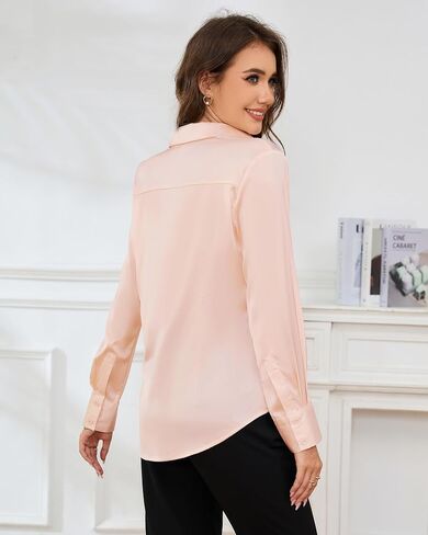 Women's Silk Satin Button-Down,Long Sleeve Shirt,Point Collar V-Neck,Casual Formal Work Office Top,Fall Blouse,S-XL in Saudi Arabia