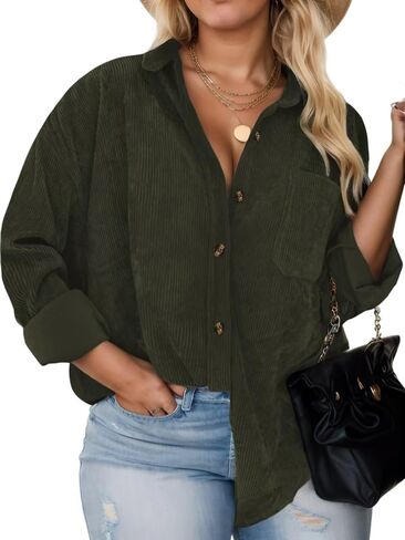 Plus Size Shackets for Women Fashion Fall Outfits Corduroy Shirts with Pockets Casual Long Sleeve Button Down Blouse Tops in Kuwait