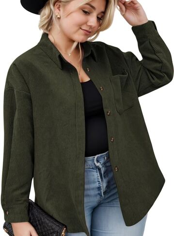 Plus Size Shackets for Women Fashion Fall Outfits Corduroy Shirts with Pockets Casual Long Sleeve Button Down Blouse Tops in Kuwait