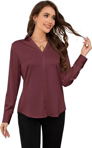 Women's Silk Satin Button-Down,Long Sleeve Shirt,Point Collar V-Neck,Casual Formal Work Office Top,Fall Blouse,S-XL in Saudi Arabia