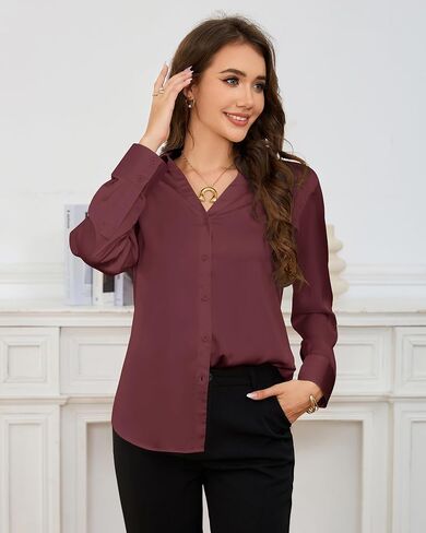 Women's Silk Satin Button-Down,Long Sleeve Shirt,Point Collar V-Neck,Casual Formal Work Office Top,Fall Blouse,S-XL in Saudi Arabia