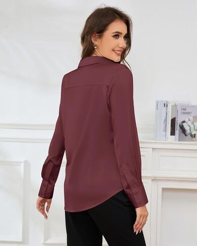 Women's Silk Satin Button-Down,Long Sleeve Shirt,Point Collar V-Neck,Casual Formal Work Office Top,Fall Blouse,S-XL in Saudi Arabia