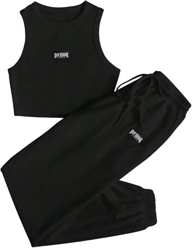 Verdusa Women's 2 Piece Outfits Letter Sleeveless Crop Tank Top and Drawstring Waist Jogger Sets in Saudi Arabia