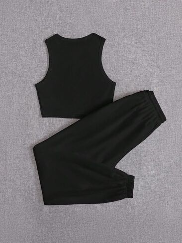 Verdusa Women's 2 Piece Outfits Letter Sleeveless Crop Tank Top and Drawstring Waist Jogger Sets in Saudi Arabia