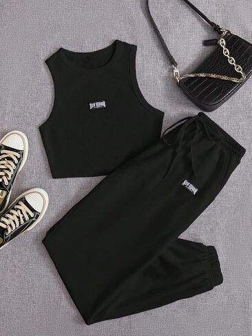 Verdusa Women's 2 Piece Outfits Letter Sleeveless Crop Tank Top and Drawstring Waist Jogger Sets in Saudi Arabia