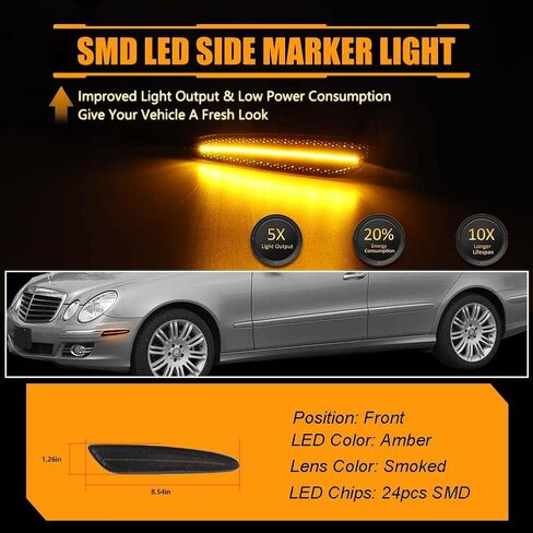 مصابيح LED جانبية للحاجز الأمامي لسيارة Mercedes Benz W211 E350 E550 E63 AMG LCI، W211، مصابيح علامة جانبية للعدسة المدخنة، [فائقة السطوع] مصابيح إشارة الانعطاف LED بيضاء، قطعتان in Kuwait