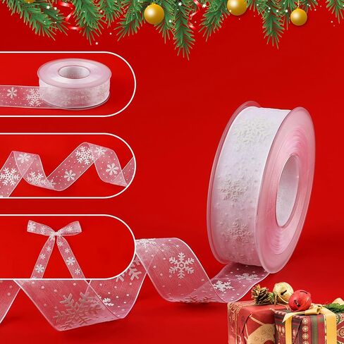 Christmas Ribbon 22yards x 1 inch, Narrow White Snowflake Ribbon Christmas Ribbon for Crafts Making Gift Wrapping Winter Holiday Xmas Decor in Saudi Arabia