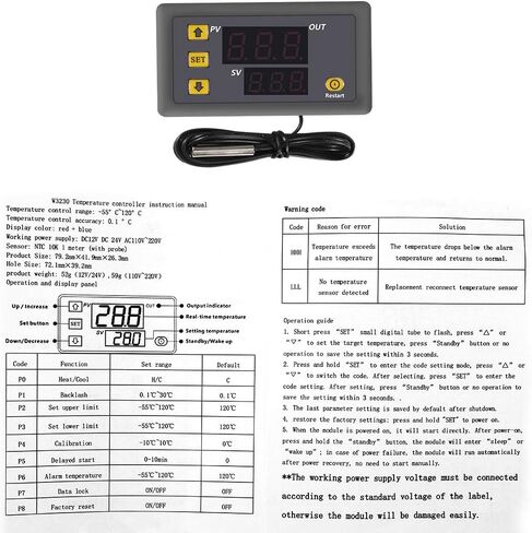 W3230 DC 12V 20A LED Digital Temperature Controller Thermostat Thermometer Temperature Control Switch Sensor Meter（DV12V）） in Saudi Arabia