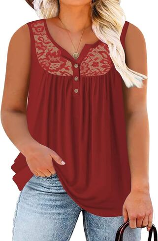 ROSRISS Plus-Size Tank Tops Summer Sleeveless Henley V-Neck Shirts Buttons Up Lace Pleated Flowy Tunics in Kuwait