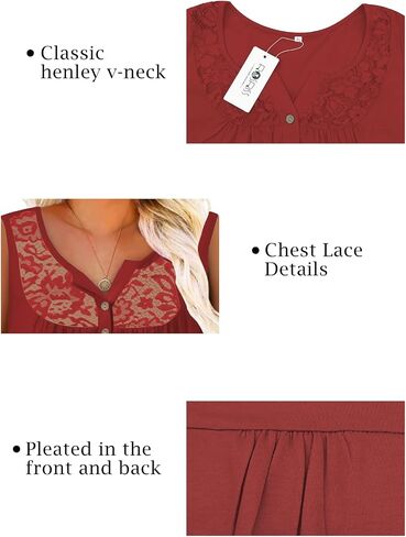 ROSRISS Plus-Size Tank Tops Summer Sleeveless Henley V-Neck Shirts Buttons Up Lace Pleated Flowy Tunics in Kuwait