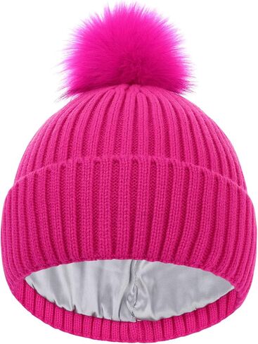 LiuSuper Kids Winter Hat, Girls Beanies 7-14, Satin Lined Beanie for Girls, Pom Pom Silk Lined Cuffed Beanie in Saudi Arabia