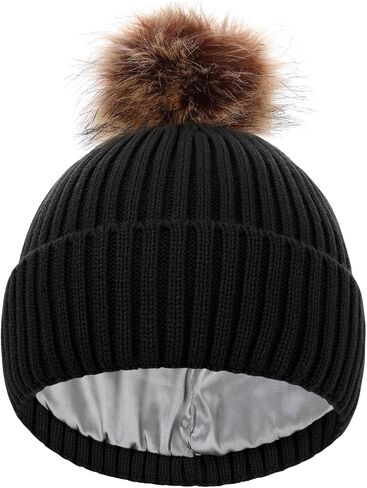 LiuSuper Kids Winter Hat, Girls Beanies 7-14, Satin Lined Beanie for Girls, Pom Pom Silk Lined Cuffed Beanie in Saudi Arabia