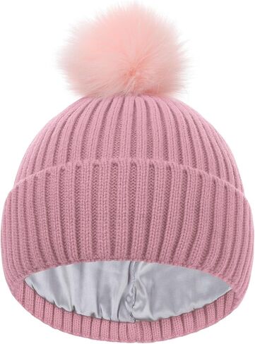 LiuSuper Kids Winter Hat, Girls Beanies 7-14, Satin Lined Beanie for Girls, Pom Pom Silk Lined Cuffed Beanie in Saudi Arabia