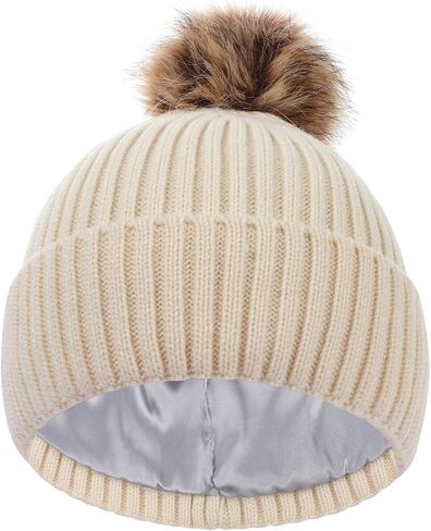 LiuSuper Kids Winter Hat, Girls Beanies 7-14, Satin Lined Beanie for Girls, Pom Pom Silk Lined Cuffed Beanie in Saudi Arabia