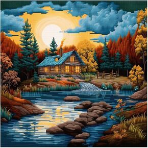 Xinpinzhou 11ct Cross Stitch Kits, 11 CT Funny Pre Printed Counted Stamped Cross Stitch Embroidery Needlepoint Riverside Landscape Patterns Kits for Beginners Adults Crossstitch 40 x 40 cm