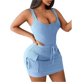 Milumia Women's 2 Piece Rib Knit Outfits Scoop Neck Tank Top Bodysuit Skirt Set