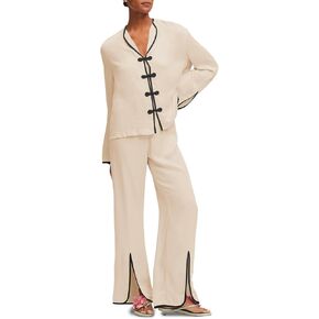 Tankaneo Womens Vacation 2 Piece Outfits Fall Long Sleeve Button Down Shirts and Split Hem Wide Leg Pants Pajama Sets
