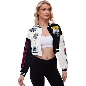 Vivimeng Women's Cropped Baseball Jacket Letter Print Long Sleeve Pockets Bomber Jackets Lightweight Jacket S-XXL