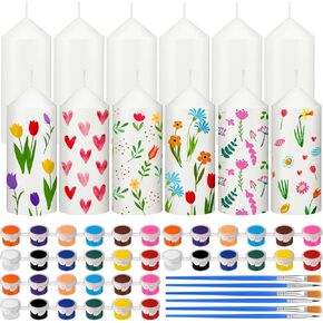 MTLEE 48 Pcs DIY Candle Painting Kit Include White Candles Colorful Acrylic Paint Strips and Paintbrushes for Candles Crafts Making Wedding Birthday Party Centerpiece (Pillar)