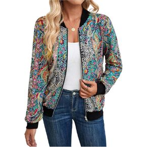 MakeMeChic Women's Paisley Print Collar Long Sleeve Zip Up Baseball Bomber Jacket Coats