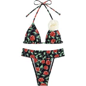 WDIRARA Women's 2 Piece Rose Print High Cut Cheeky Halter Bikini Sets Floral Appliques Tie Backless Swimwear Set