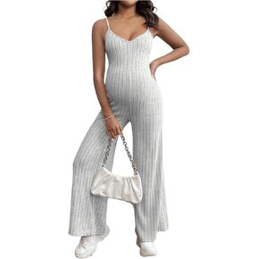 OYOANGLE Women's Maternity V Neck Spaghetti Strap Ribbed Knit Long Pants Jumpsuits