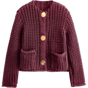 Womens Cropped Cardigan Sweaters Chunky Open Front Button Down Knit Sweater Long Sleeve Loose Cardigan Outerwear