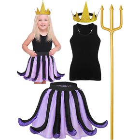 Newcotte 4 Pcs Halloween Sea Costume for Girls Purple Black Octopus Costume Octopus Skirt Dress Black Vest Gold Crown Fork