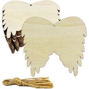 30pcs Unfinished Angel Wings Wood DIY Crafts Cutouts Wooden Angel Wings Shaped Hanging Ornaments with Hole Hemp Ropes Gift Tags for Wedding Birthday Christmas Party Decorations