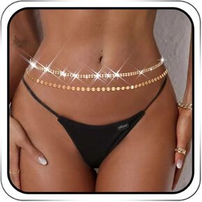 Jeweky Rhinestones Waist Chain Gold Layered Sequin Belly Body Chain Rave Body Jewelry for Women