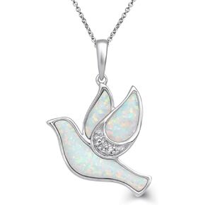 Jewelili Dove Necklace Pendant in Sterling Silver with Diamonds and Created Opal, 18 inch Rolo Chain