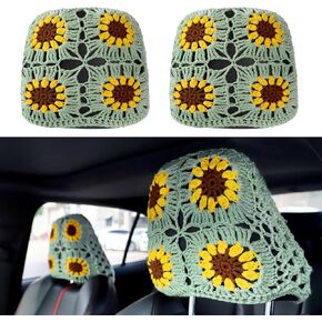 2PCS Crochet Seat Headrest Cover,Car Head Rest Protector,Cute Sunflower Car Accessories for Women, Universal Seat Cover Boho Car Decor Fit Sedans,SUVs,Trucks (19Multicolor-Sunflower)