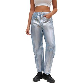 Ladyful Women's Metallic Barrel Jeans Mid Waist Vintage Wide Leg Denim Pants Sparkling Y2k Disco Trousers Loose Fit Jeans