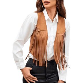 OYOANGLE Women's Fringe Open Front Sleeveless Crop Vests Tassel 70s Vintage Jackets Outerwear