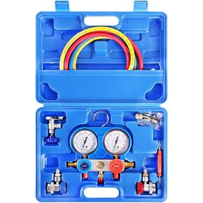 3 Way AC Manifold Gauge Set, HVAC Diagnostic Refrigerant Charging Tool for Auto Household R134A R404A R410A Refrigerant, with 5FT Hose, Adjustable Quick Coupler, Can Tap and R410A Adapter