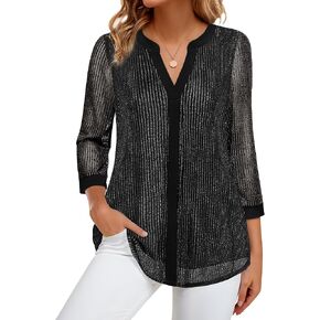 Bebonnie Women's 3/4 Sleeve Casual Notch V Neck Blouses Double Layers Mesh Tunic Tops