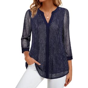 Bebonnie Women's 3/4 Sleeve Casual Notch V Neck Blouses Double Layers Mesh Tunic Tops