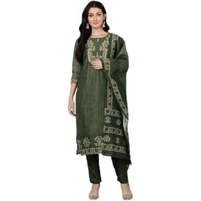 Bani Women Chanderi Kurta Set with Pant & Dupatta 3/4 Sleeves Embroidered Round Neck Ethnic Indian Party Wear Kurti Set