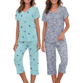 American Trends 2 Pack Cotton Pajamas for Women Set Two Piece Short Sleeve Sleepwear Tops with Capri Pants Summer Pjs