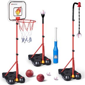4 in 1 Indoor Mini Basketball Hoop for Kids, Hanging Tee Baseball Set with Adjustable Stand, Basketball Toys Gifts for 3 4 5 6 7 8 Year Old Boys Girls