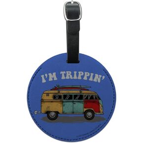 I'm Trippin' Retro Van Funny Humor Round Leather Luggage Card Carry-On ID Tag