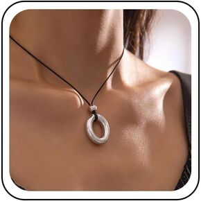 Boho Round Circle Necklace Sliver Open Round Tube Pendant Necklace Black Wax Rope Cord Chain Necklace Dainty Ball Bead Charm Necklace Jewelry for Women