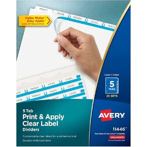 Avery 5 Tab Dividers for 3 Ring Binder, Easy Print & Apply Clear Label Strip, Index Maker Customizable White Tabs, 6-Pack of 25 Sets, 150 Sets Total (11446)
