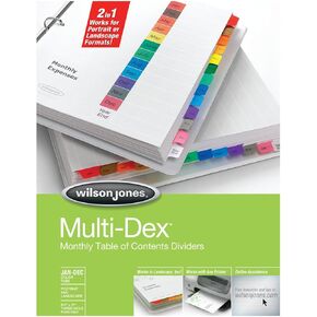Wilson Jones MultiDex Dividers, Jan-Dec Tab Index, Multicolor Tabs with Black Print, Pre-Labeled, Table of Contents (W90303)