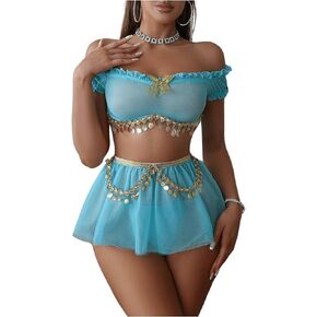 MakeMeChic Women's 3 Piece Lingerie Set Metallic Bow Knot Chain Frill Trim Bra Panty and Skirt Sets